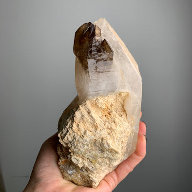 Elestial Smoky Quartz on White Quartz - From Namibia