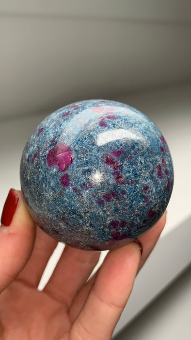Ruby with Gorgeous Blue Kyanite, Green Fuchsite 58 mm Sphere