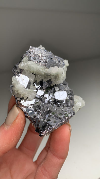 New Arrival ! Mirror like Galena with White Calcite - From Krushev Dol mine, Bulgaria