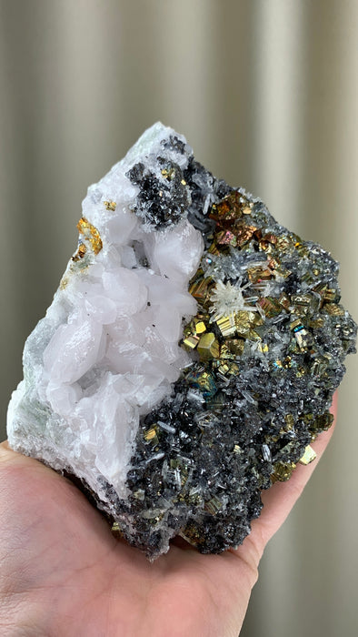 Manganocalcite with Iridescent Pyrite and Sphalerite - Borieva mine, Rhodope Mtns