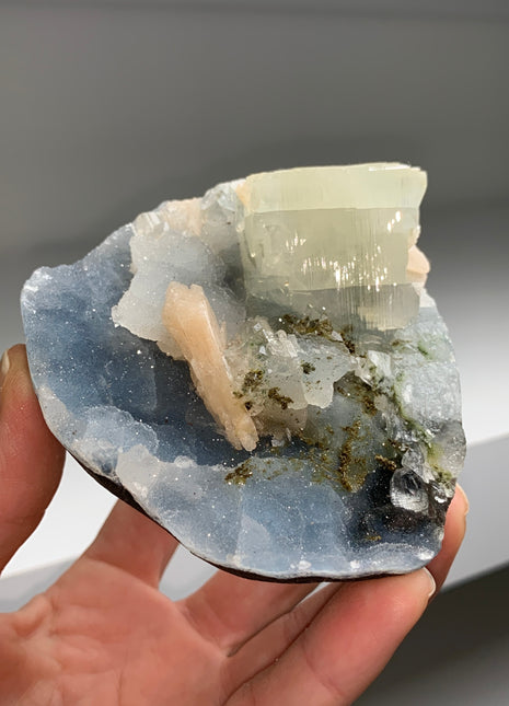 Blue Chalcedony with Yellow Apophyllite and Pink Stilbite