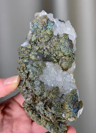 Rainbow Chalcopyrite with Quartz over Green Fluorite 🌈
