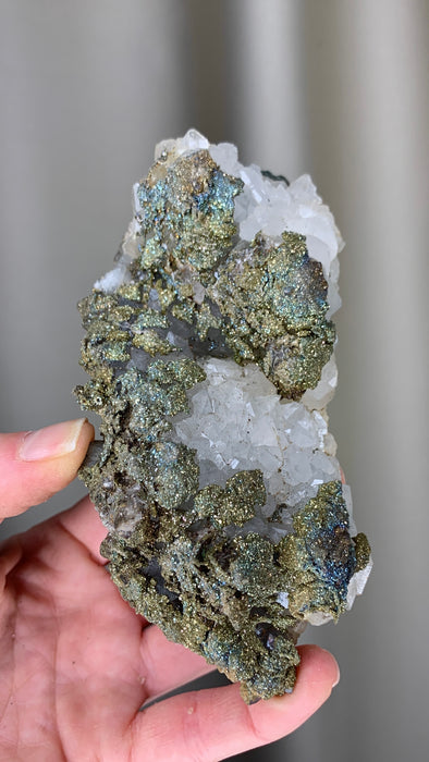 Rainbow Chalcopyrite with Quartz over Green Fluorite 🌈