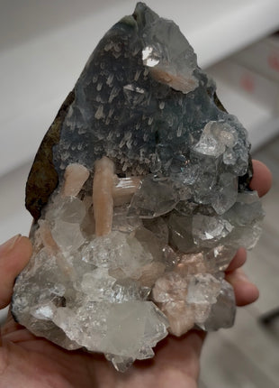 Blue Chalcedony with Apophyllite  and Pink Stilbite PM0787