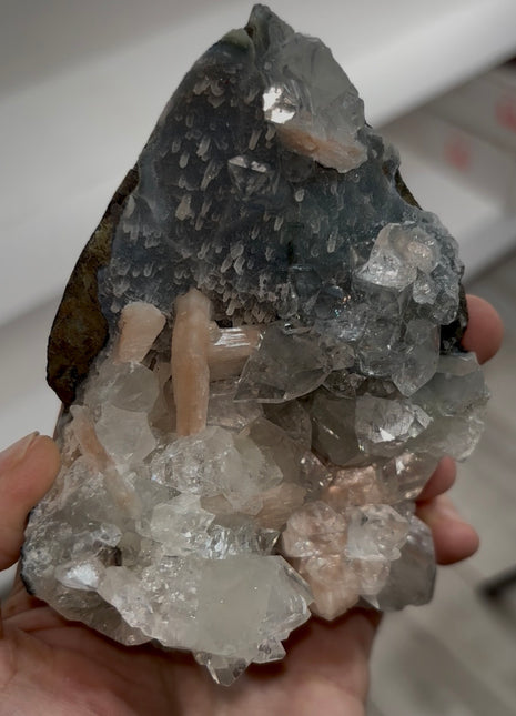 Blue Chalcedony with Apophyllite  and Pink Stilbite PM0787