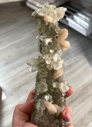 New arrival ! Gemmy Green Apophyllite Stalactite with Pink Stilbite