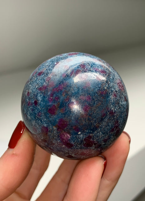 Ruby with Gorgeous Blue Kyanite, Green Fuchsite 52 mm Sphere