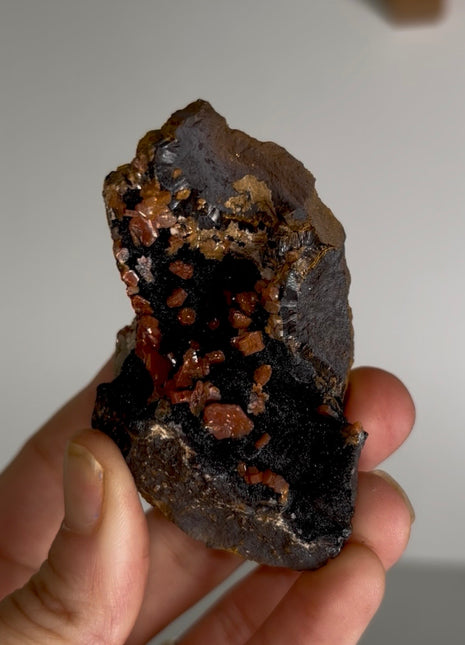 Unusual ! Red Vanadinite with Silky Black Coronadite