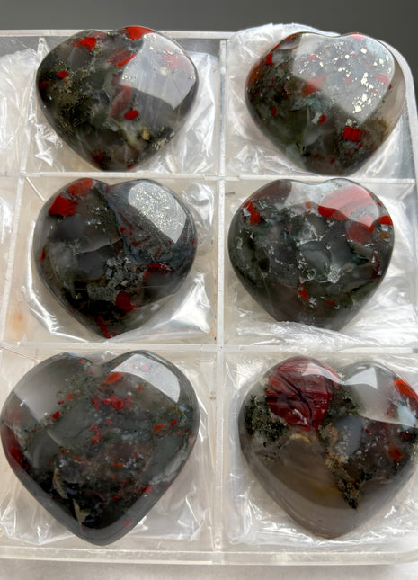 High Grade Blood Stone Hearts - 6 Piece Lot