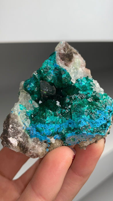 Green Dioptase with Blue Shattuckite and Quartz Geode