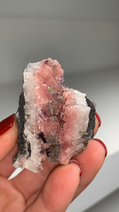 Pink Rhodocrosite with Pyritized Fluorite 🌸