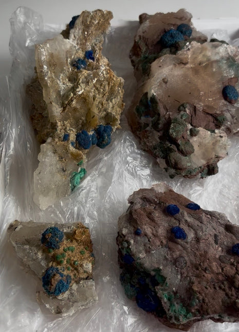 4 Piece Lot ! Rare Blueberry Azurite with Gypsum Specimens