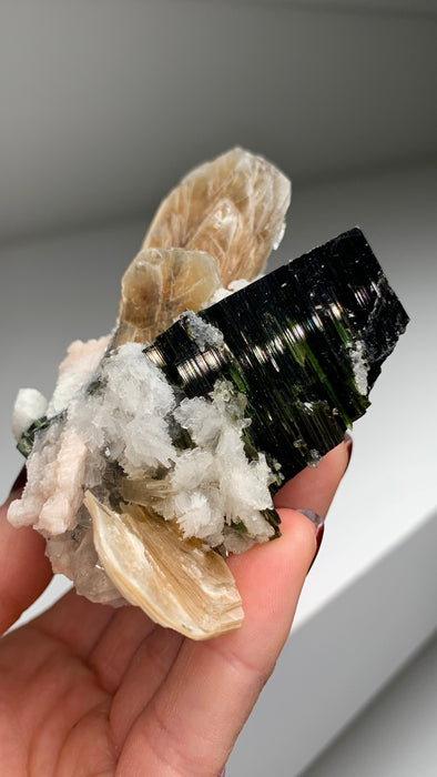 New Arrival ! Glassy Tourmaline with Muscovite Flowers and Snow Albite
