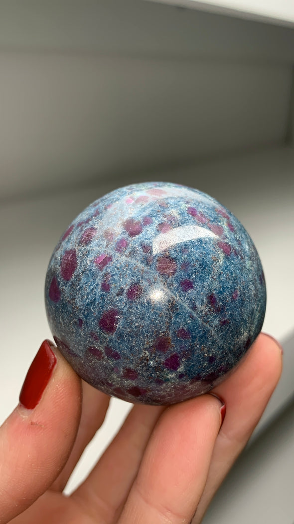 Ruby with Gorgeous Blue Kyanite, Green Fuchsite 48 mm Sphere