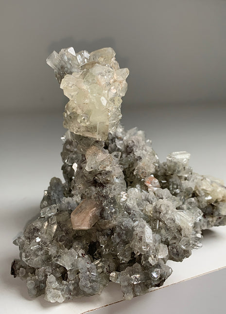 Wow ! Blue Chalcedony Stalactite with Gemmy Apophyllite and Pink Stilbite