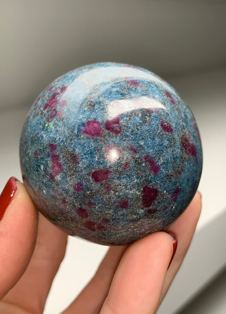 Ruby with Gorgeous Blue Kyanite, Green Fuchsite 53 mm Sphere