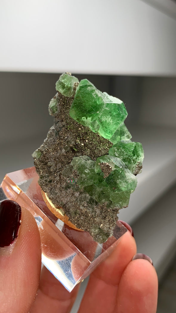 Vivid Green Fluorite with Pyrite - From Peru