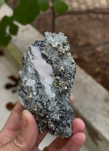 Both-sided Pyrite with Manganocalcite, Quartz, Sphalerite