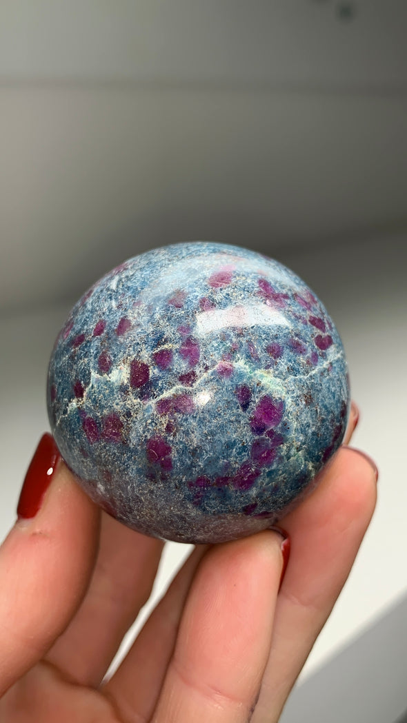 Ruby with Gorgeous Blue Kyanite, Green Fuchsite 47 mm Sphere