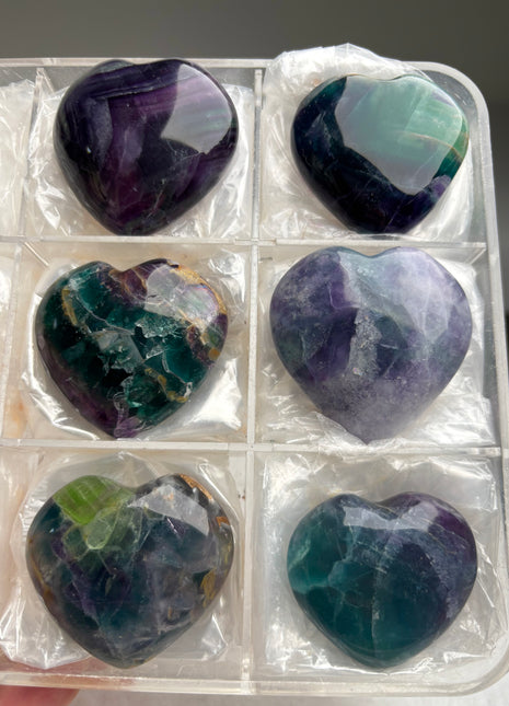 Green Purple Fluorite Hearts - 6 Piece Lot