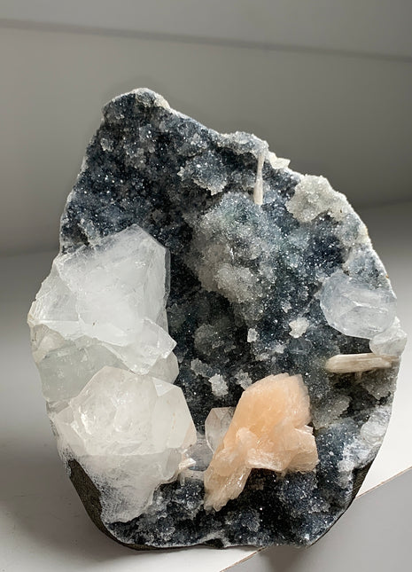 Druzy Black Chalcedony Geode with Apophyllite and Stilbite