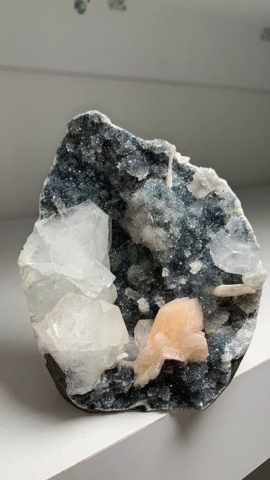 Druzy Black Chalcedony Geode with Apophyllite and Stilbite