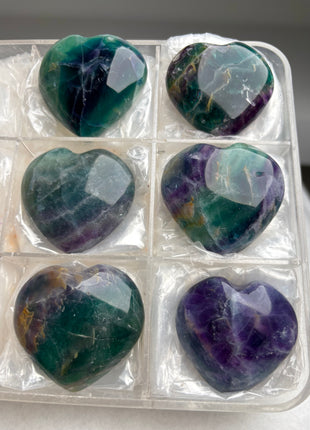 Green Purple Fluorite Hearts - 6 Piece Lot