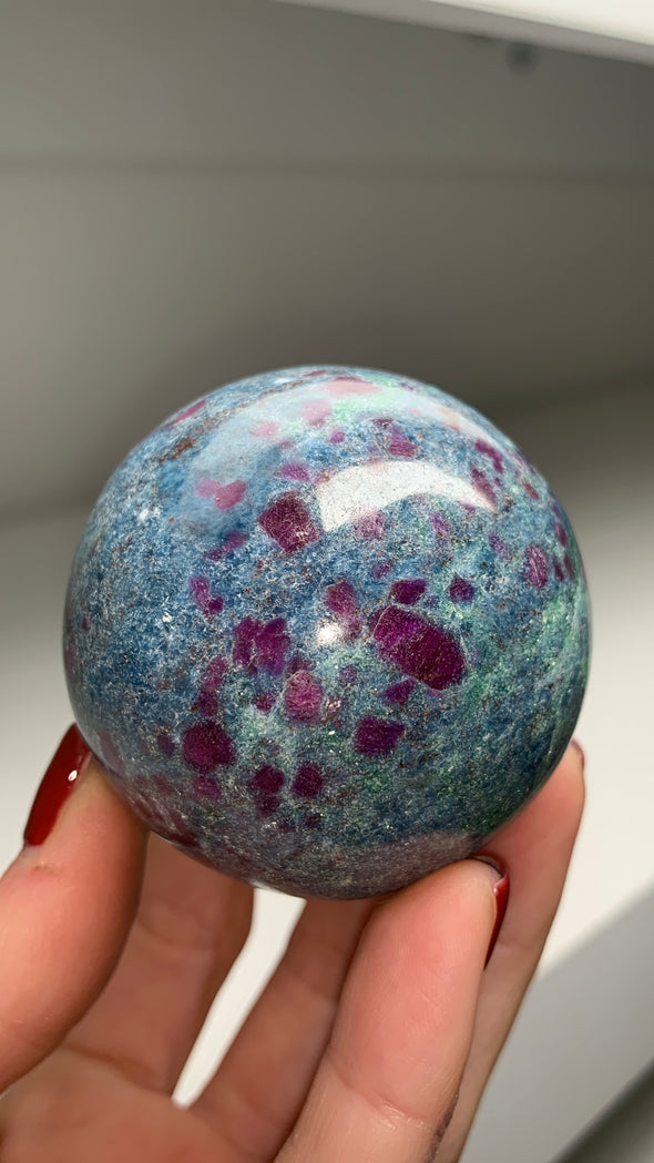 Ruby with Gorgeous Blue Kyanite, Green Fuchsite 56 mm Sphere