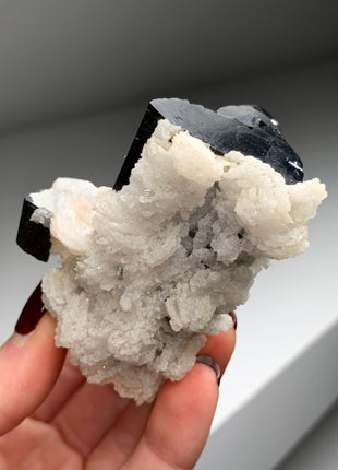 New Arrival ! Glassy Black Tourmaline with Snow Albite Flowers and Muscovite