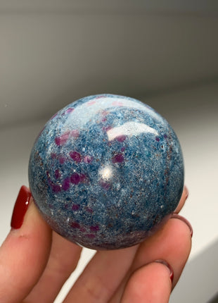 Ruby with Gorgeous Blue Kyanite, Green Fuchsite 47 mm Sphere