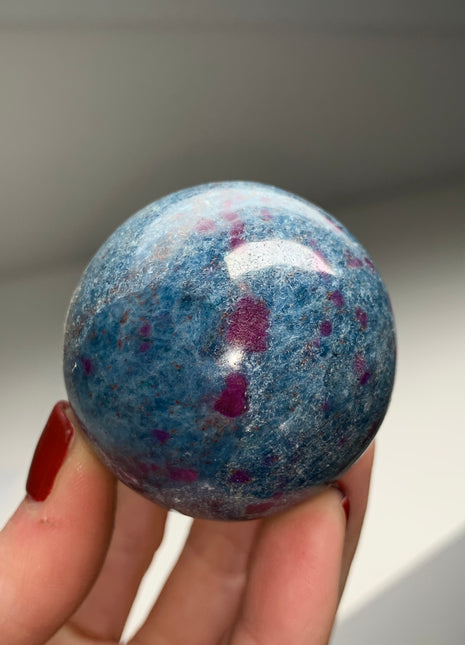 Ruby with Gorgeous Blue Kyanite, Green Fuchsite 47 mm Sphere
