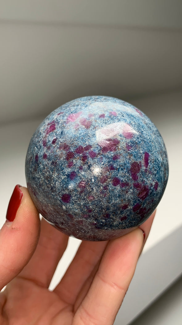 Ruby with Gorgeous Blue Kyanite, Green Fuchsite 58 mm Sphere