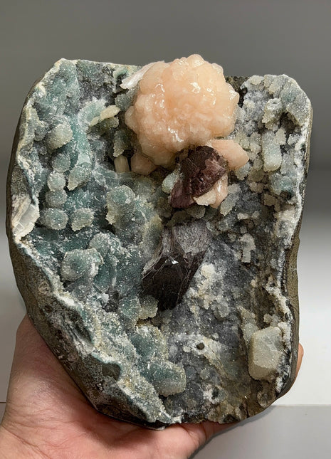 Blue Chalcedony Geode with Pink Stilbite Flower and Red Heulandite