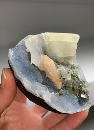 Blue Chalcedony with Yellow Apophyllite and Pink Stilbite