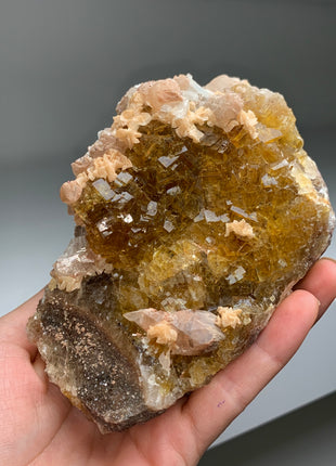 Cubic Yellow Fluorite with Pinkish Dolomite and Calcite - From Spain