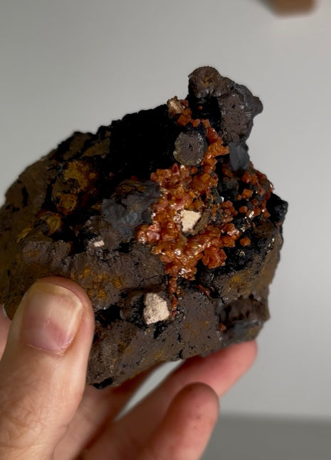 Unusual ! Red Vanadinite with Silky Black Coronadite
