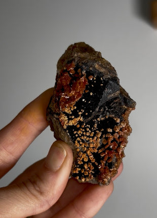 Unusual ! Red Vanadinite with Silky Black Coronadite