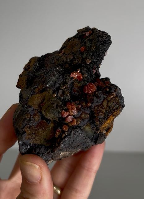 Unusual ! Red Vanadinite with Silky Black Coronadite