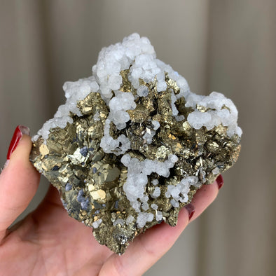 Lustrous Pyrite with Snowy Calcite - From Trepca Mine, Kosovo