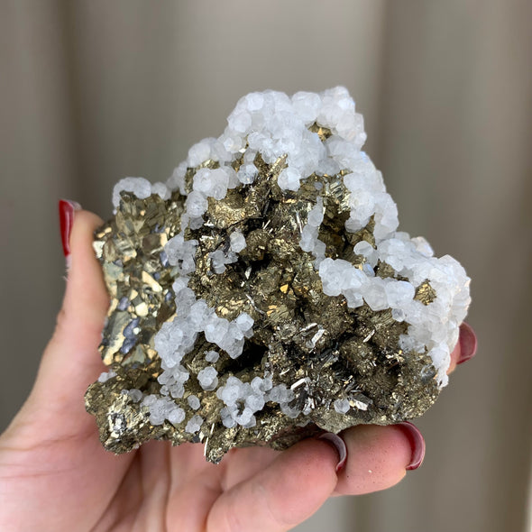 Lustrous Pyrite with Snowy Calcite - From Trepca Mine, Kosovo