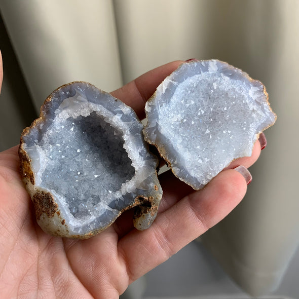 3 Pieces ! Blue Chalcedony and Quartz Geode Lot - Both Halves